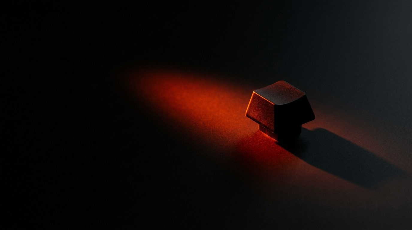 A single mechanical keycap in warm low light, casting a long sharp shadow